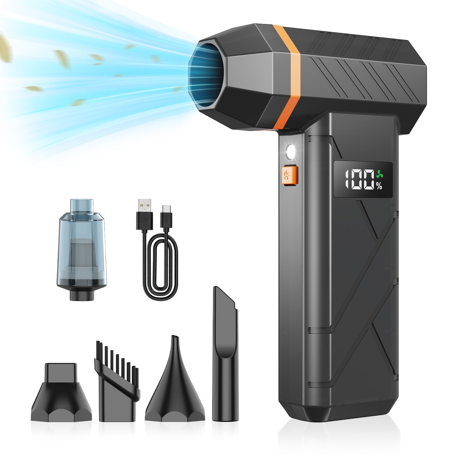 Compressed Air Duster Cordless Leaf Blower, 180000RPM Brushless Motor Violent TurboFan, Electric Air Turbo Duster Blower, 4 Gears Adjustable with LED Light Electric Air Blower for PC, Keyboard, Electronics and Outdoor, Workbench