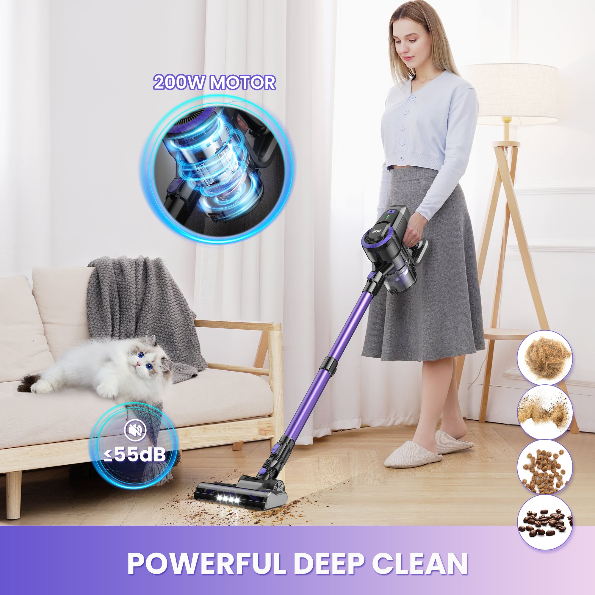 INSE Lightweight Cordless Stick Vacuum Cleaner for Carpet Hardwood Floor Pet Hair, N3P & N3E