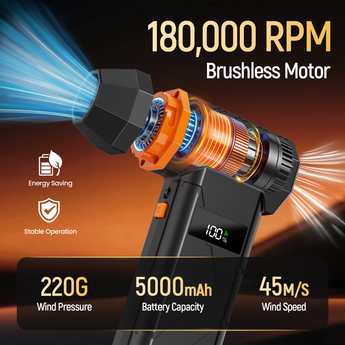 Compressed Air Duster Cordless Leaf Blower, 180000RPM Brushless Motor Violent TurboFan, Electric Air Turbo Duster Blower, 4 Gears Adjustable with LED Light Electric Air Blower for PC, Keyboard, Electronics and Outdoor, Workbench