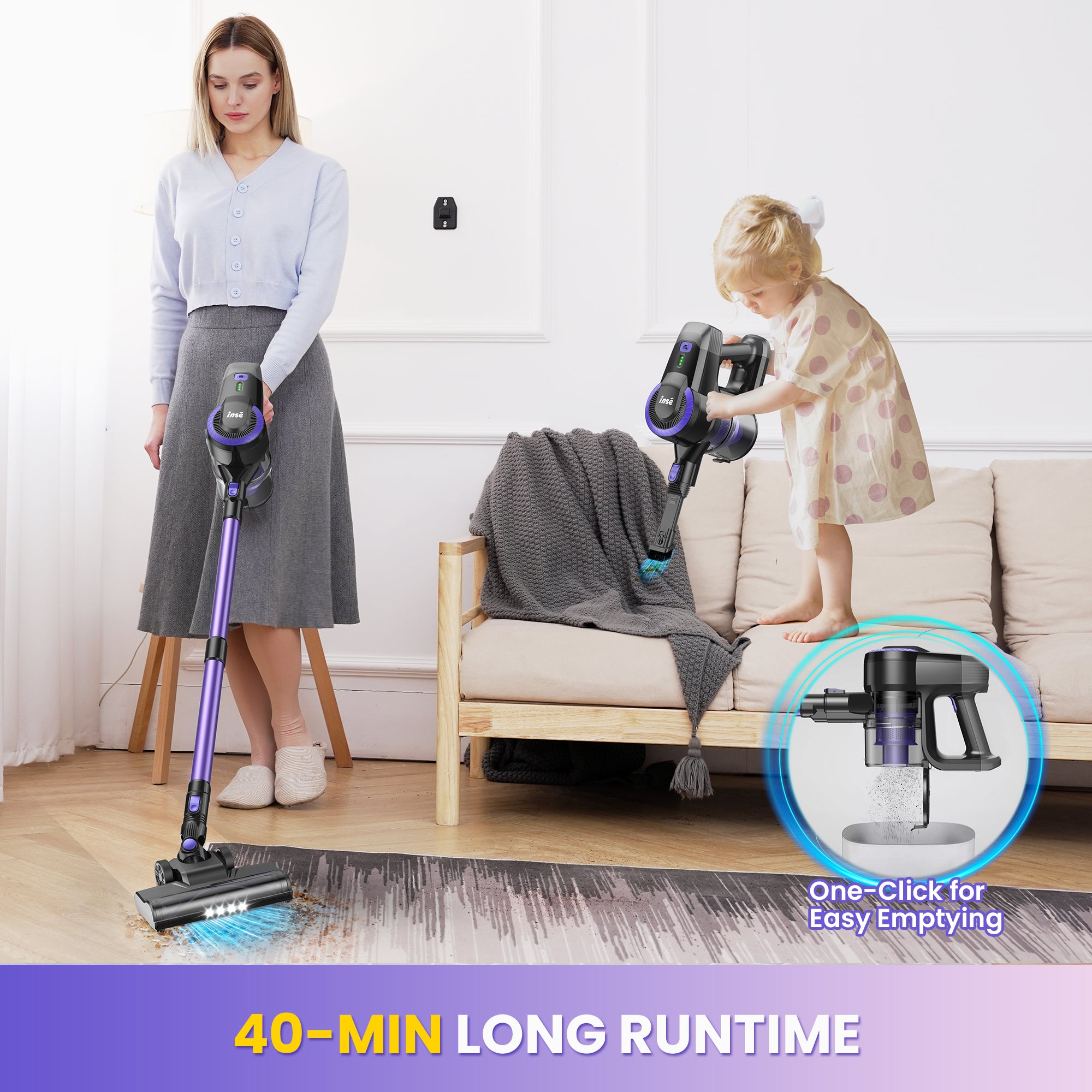 INSE Lightweight Cordless Stick Vacuum Cleaner for Carpet Hardwood Floor Pet Hair, N3P & N3E