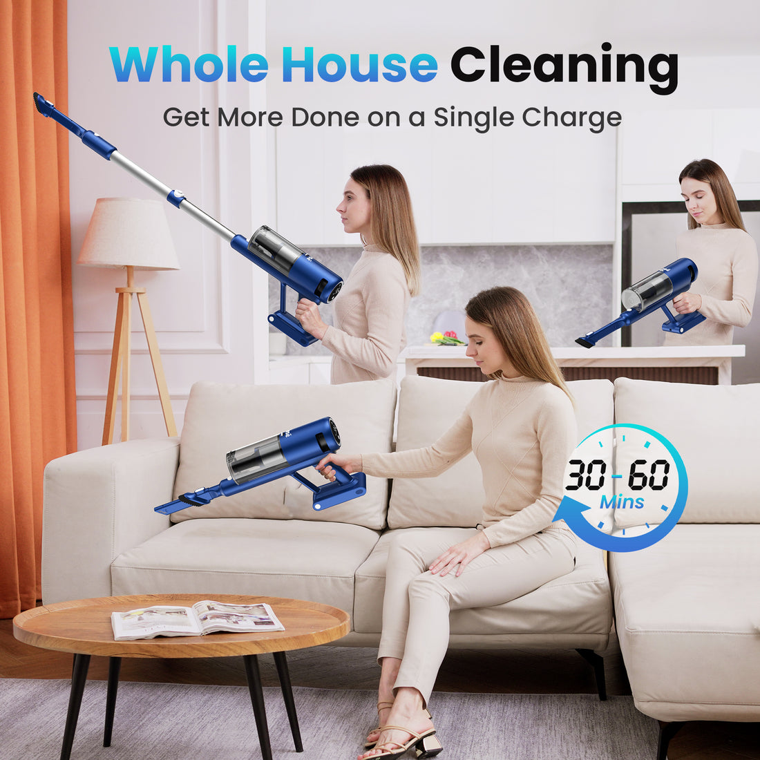 INSE Cordless Vacuum with 30Kpa Suction & 60 Mins Runtime, Stick Vacuum for Carpet, Tile, Pet Hair, Hardwood Floors, V120S