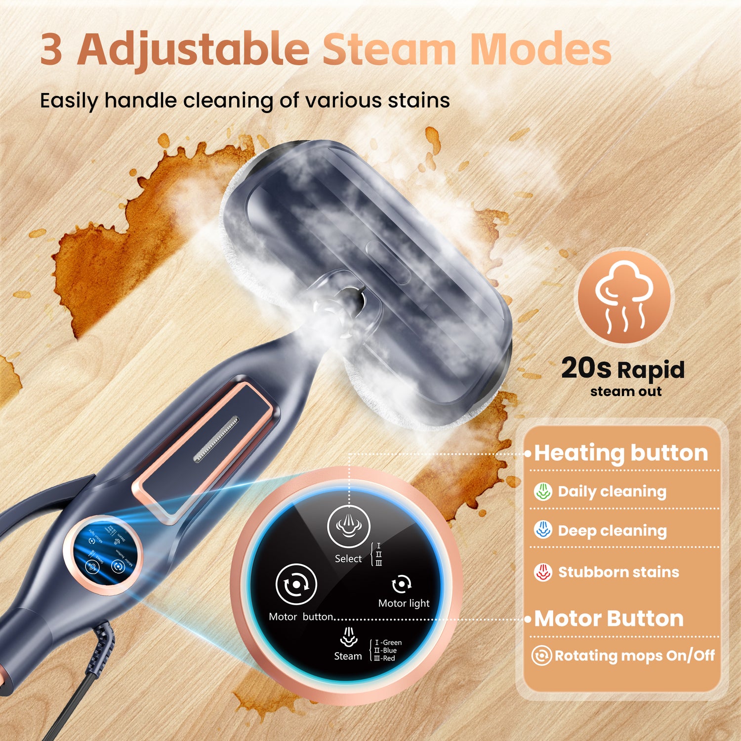 INSE Steam Mop with Rotating Pads, 10 in 1 Scrubbing Steam Vacmop for Kitchen, Hardwood Floor, Marble Floor, VM6