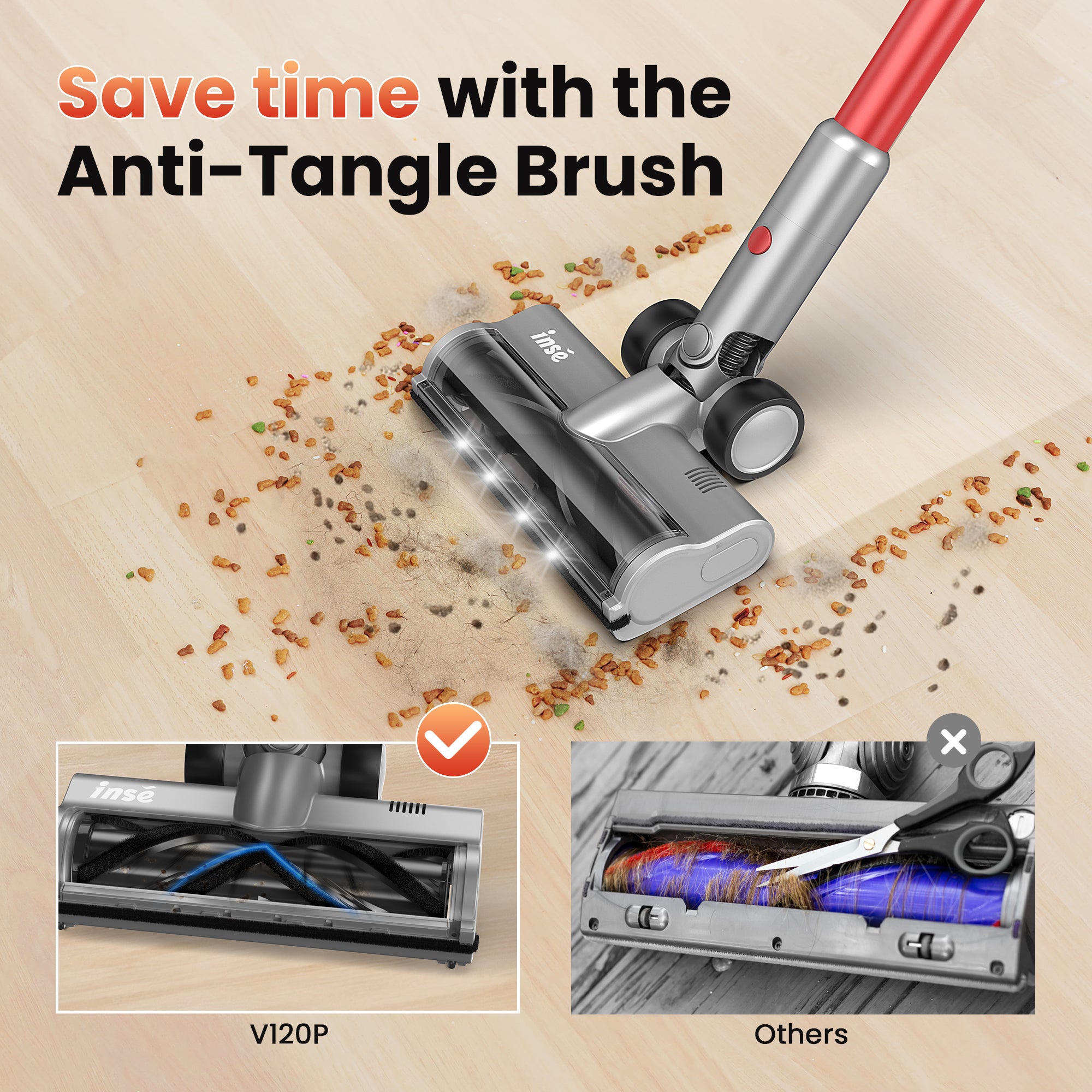 INSE Cordless Vacuum with 30Kpa Suction & 60 Mins Runtime, Stick Vacuum for Carpet, Tile, Pet Hair, Hardwood Floors, V120S
