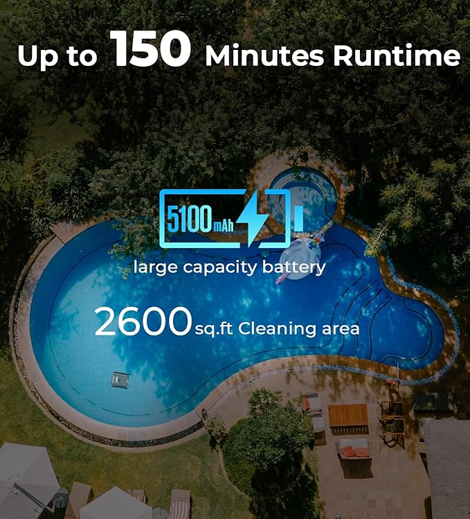 U8 Cordless Robotic Pool Cleaner for Walls & Waterline, Automatically Climbs & Cleans, No Hand-Scrubbing, Auto-Docking, 150min Runtime Pool Vacuum Robot for Inground Pools up to 2600 Sq.ft