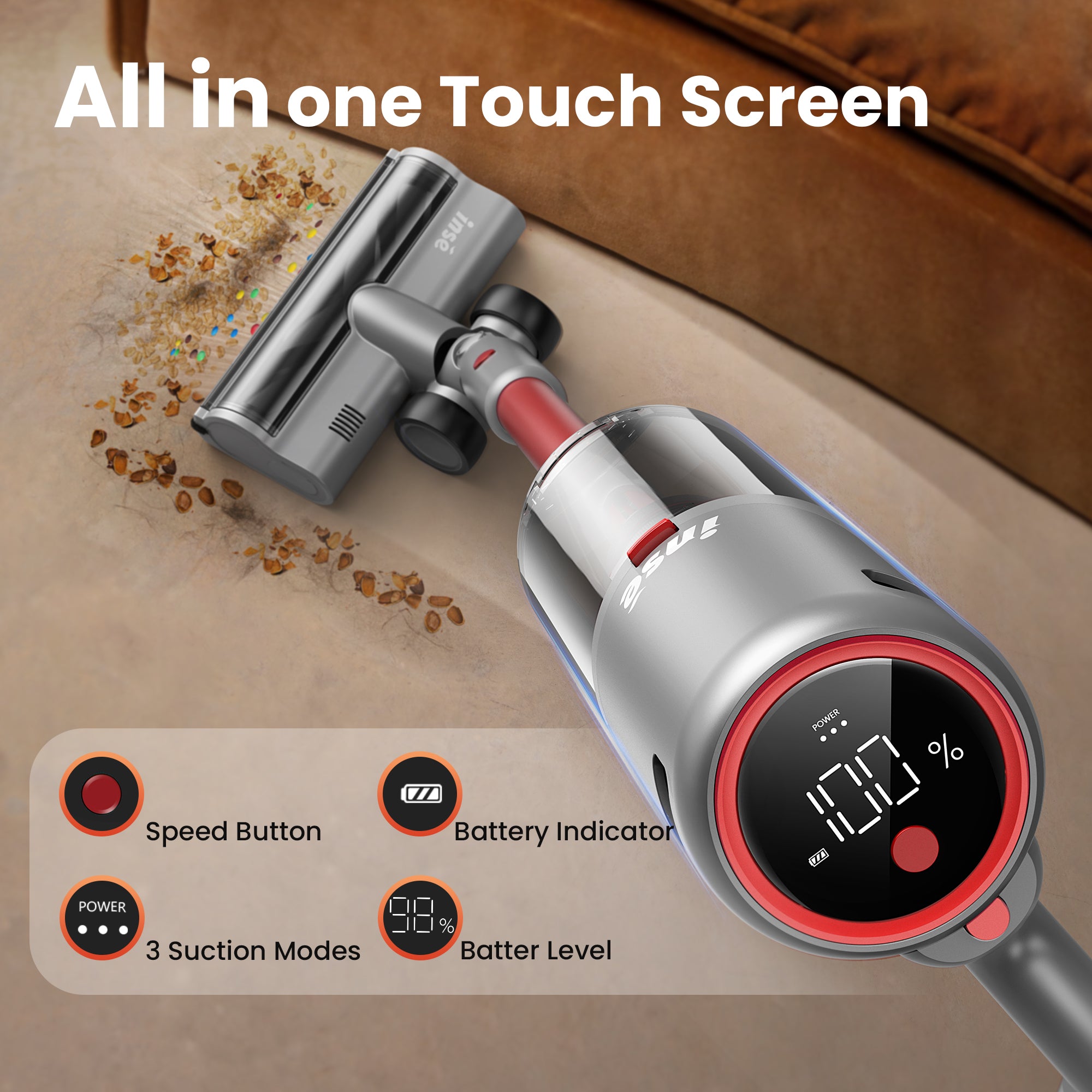 INSE Cordless Vacuum with 30Kpa Suction & 60 Mins Runtime, Stick Vacuum for Carpet, Tile, Pet Hair, Hardwood Floors, V120S