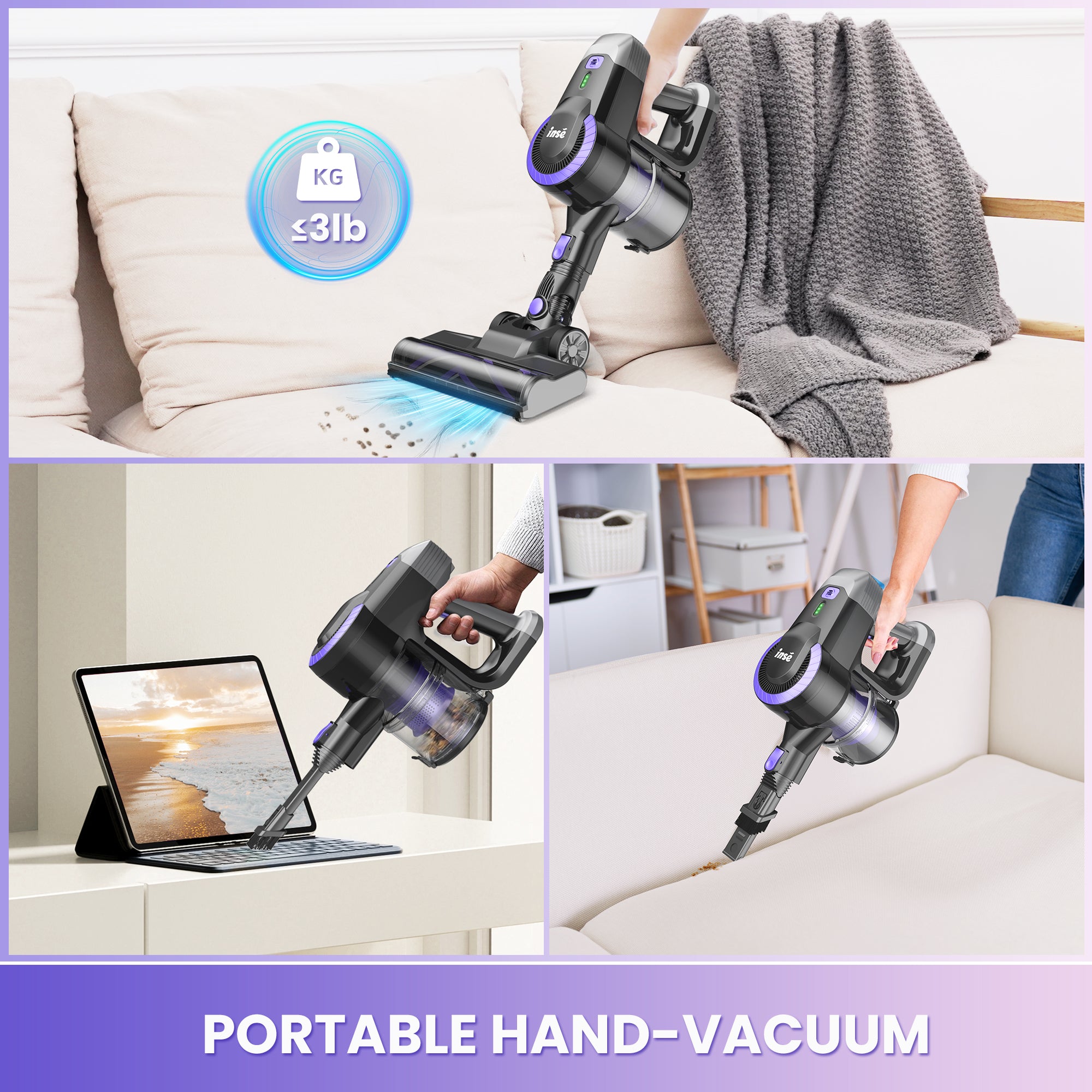 INSE Lightweight Cordless Stick Vacuum Cleaner for Carpet Hardwood Floor Pet Hair, N3P & N3E