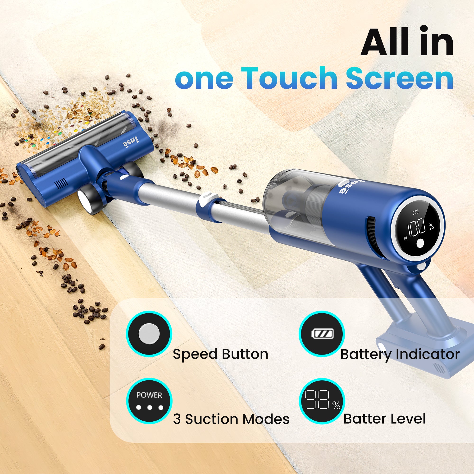INSE Cordless Vacuum with 30Kpa Suction & 60 Mins Runtime, Stick Vacuum for Carpet, Tile, Pet Hair, Hardwood Floors, V120S