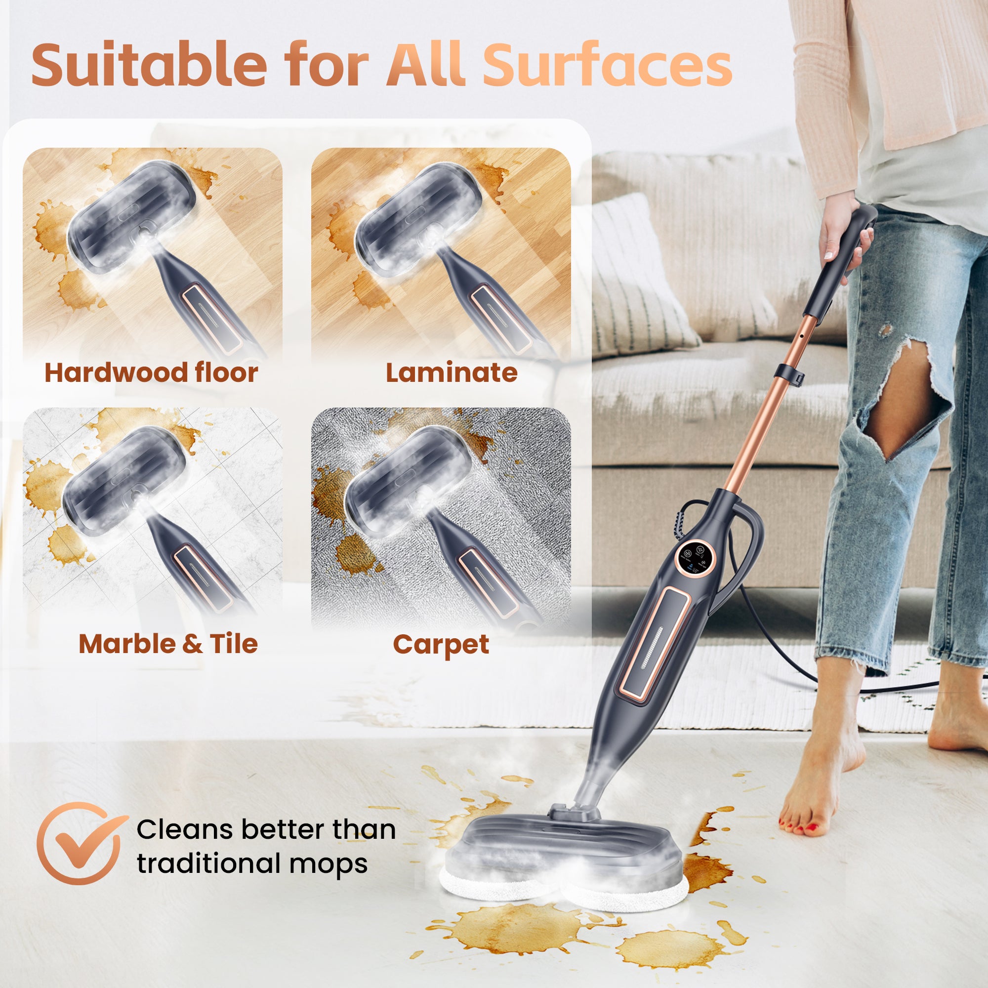 INSE Steam Mop with Rotating Pads, 10 in 1 Vacmop for Hardwood Floor, VM6