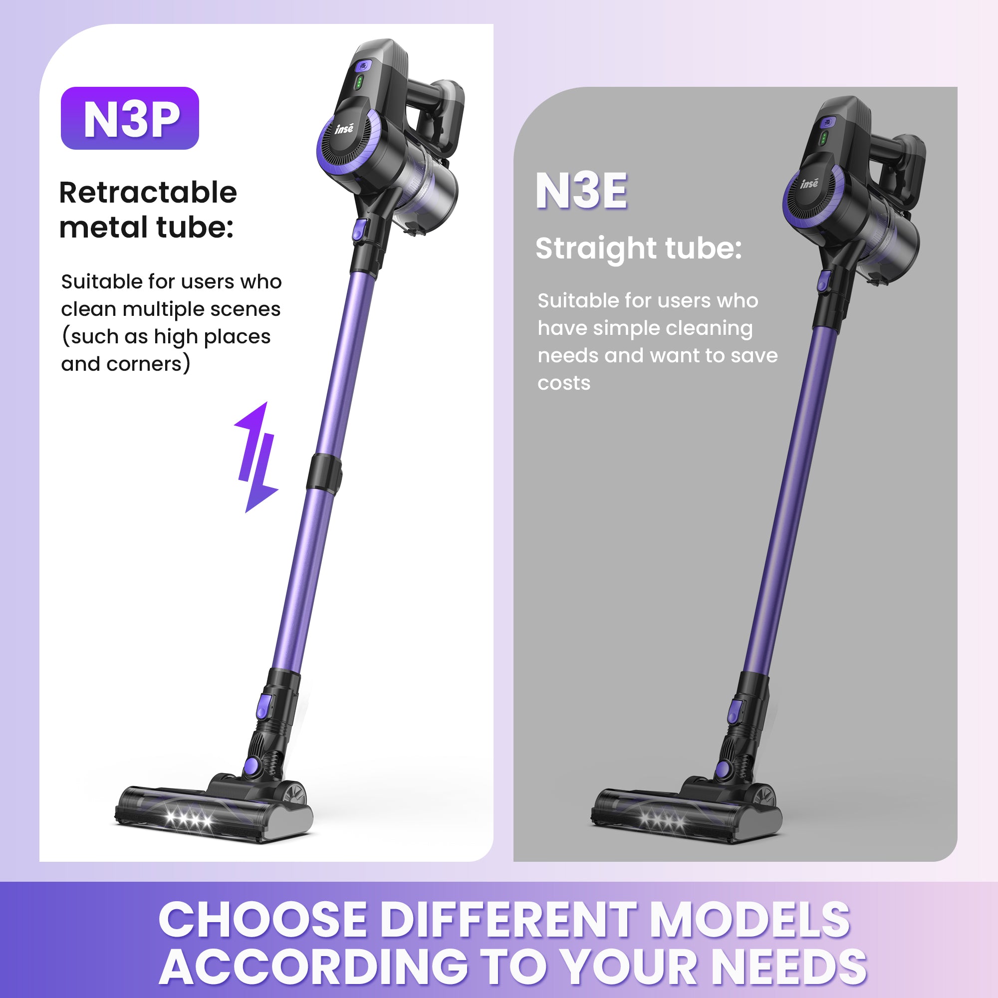 INSE Lightweight Cordless Stick Vacuum Cleaner for Carpet Hardwood Floor Pet Hair, N3P & N3E