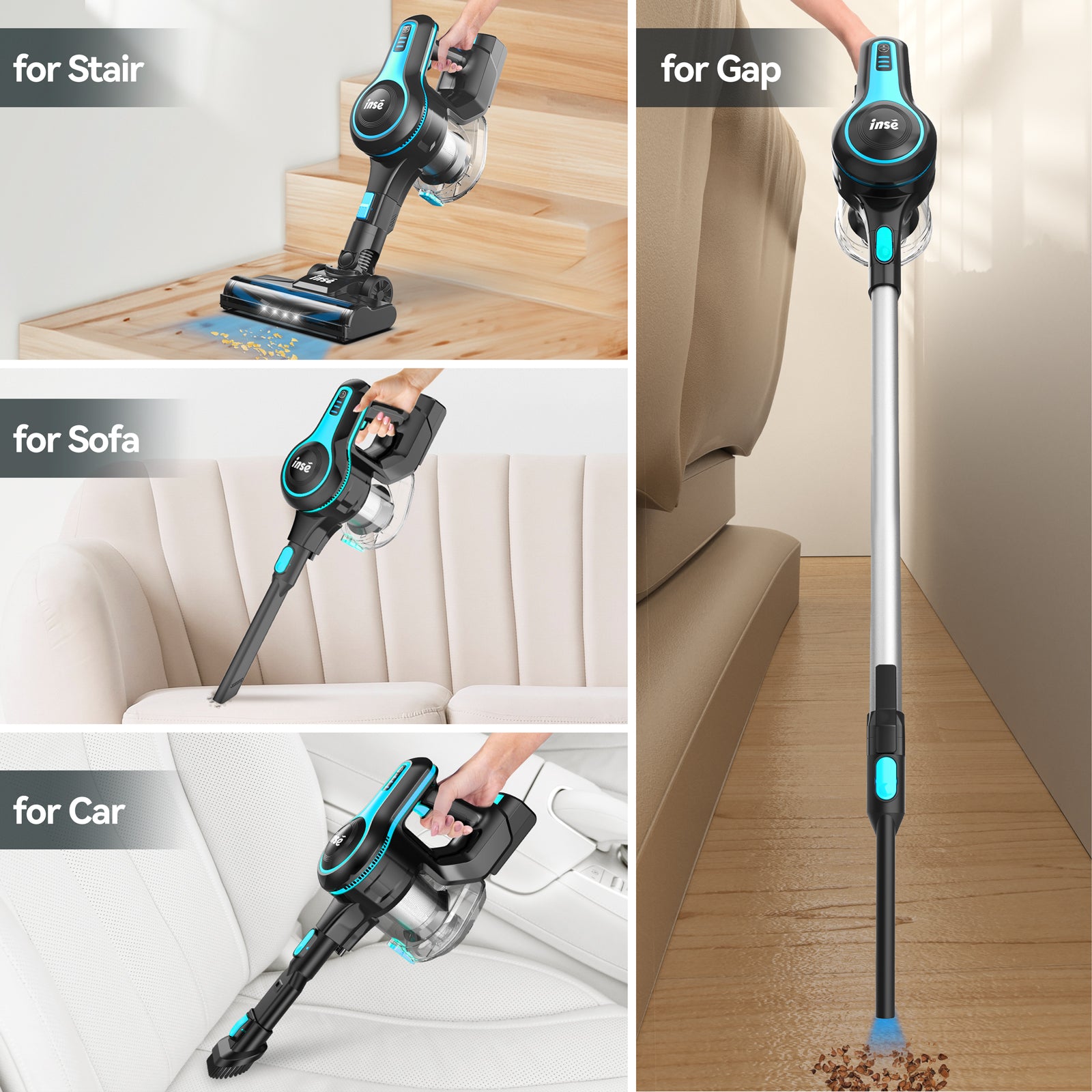 INSE Cordless Vacuum Cleaner,6-in-1 Rechargeable Stick Vacuum Lightweight for Carpet Hardfloor Pet Hair Home,N520 Blue