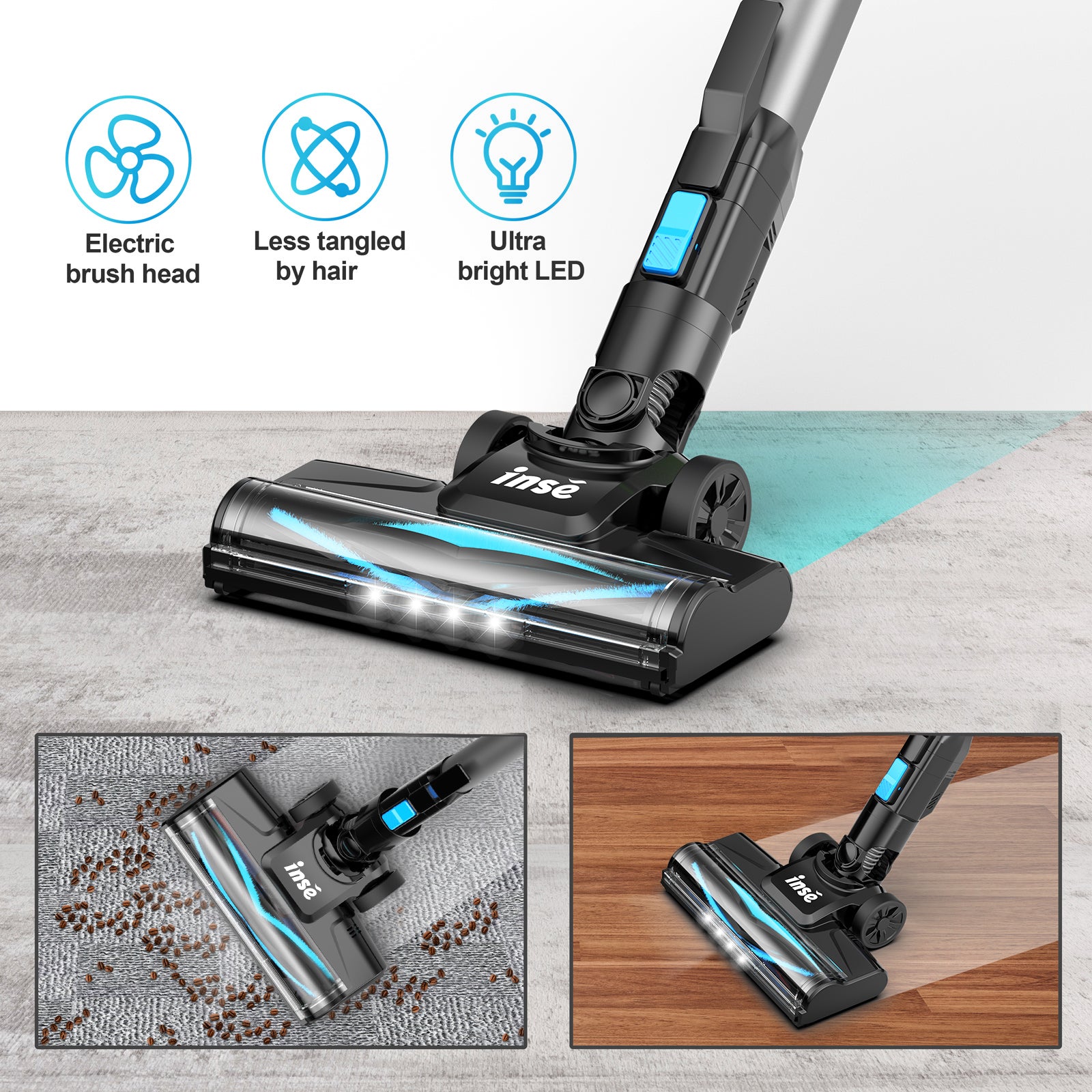 INSE Cordless Vacuum Cleaner,6-in-1 Rechargeable Stick Vacuum Lightweight for Carpet Hardfloor Pet Hair Home,N520 Blue