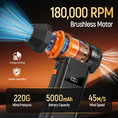 Compressed Air Duster Cordless Leaf Blower, 180000RPM Brushless Motor Violent TurboFan, Electric Air Turbo Duster Blower, 4 Gears Adjustable with LED Light Electric Air Blower for PC, Keyboard, Electronics and Outdoor, Workbench