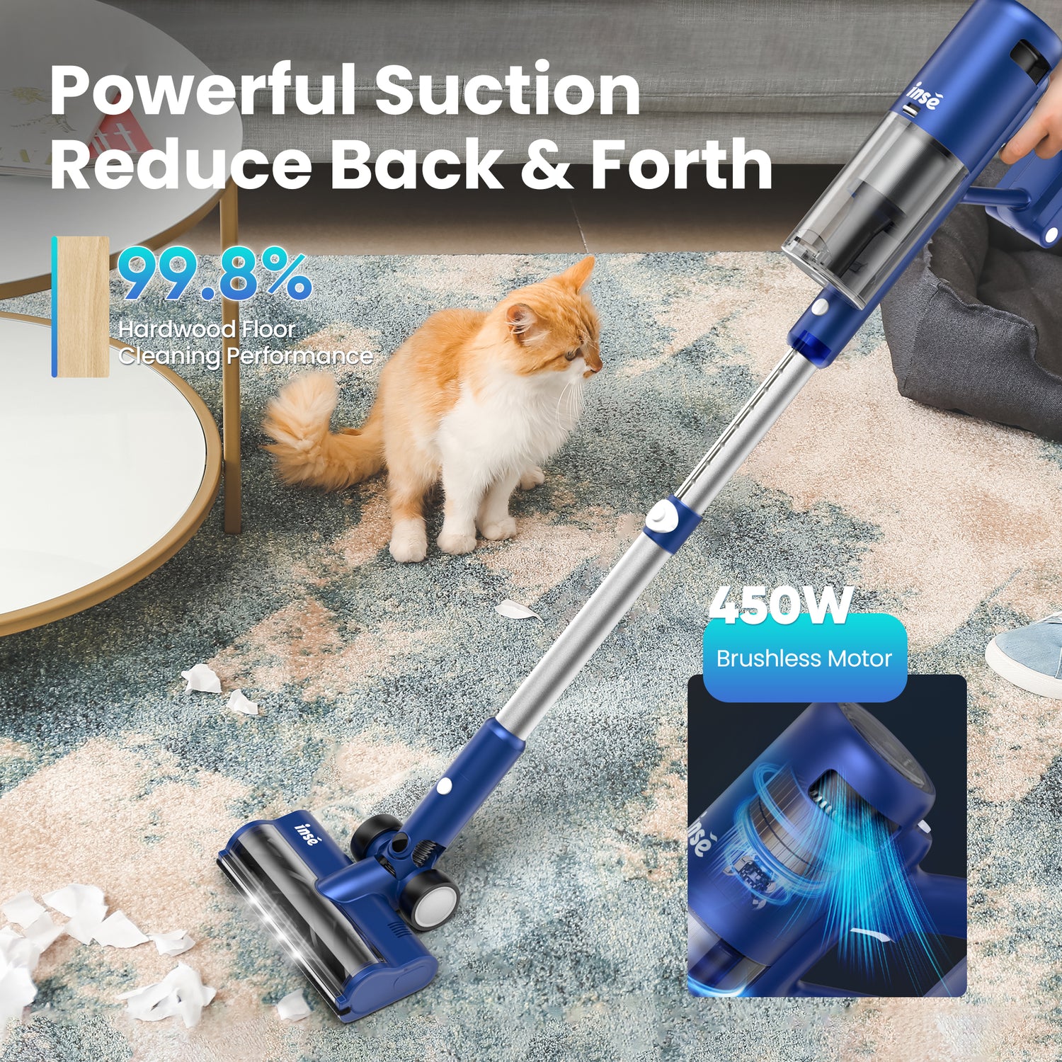 INSE Cordless Vacuum with 30Kpa Suction &amp; 60 Mins Runtime, Stick Vacuum for Carpet, Tile, Pet Hair, Hardwood Floors, V120S
