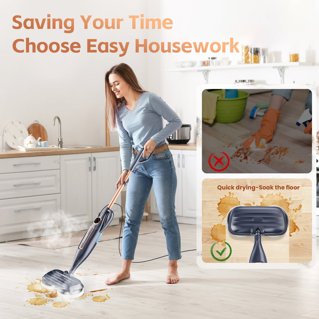 INSE Steam Mop with Rotating Pads, 10 in 1 Scrubbing Steam Vacmop for Kitchen, Hardwood Floor, Marble Floor, VM6
