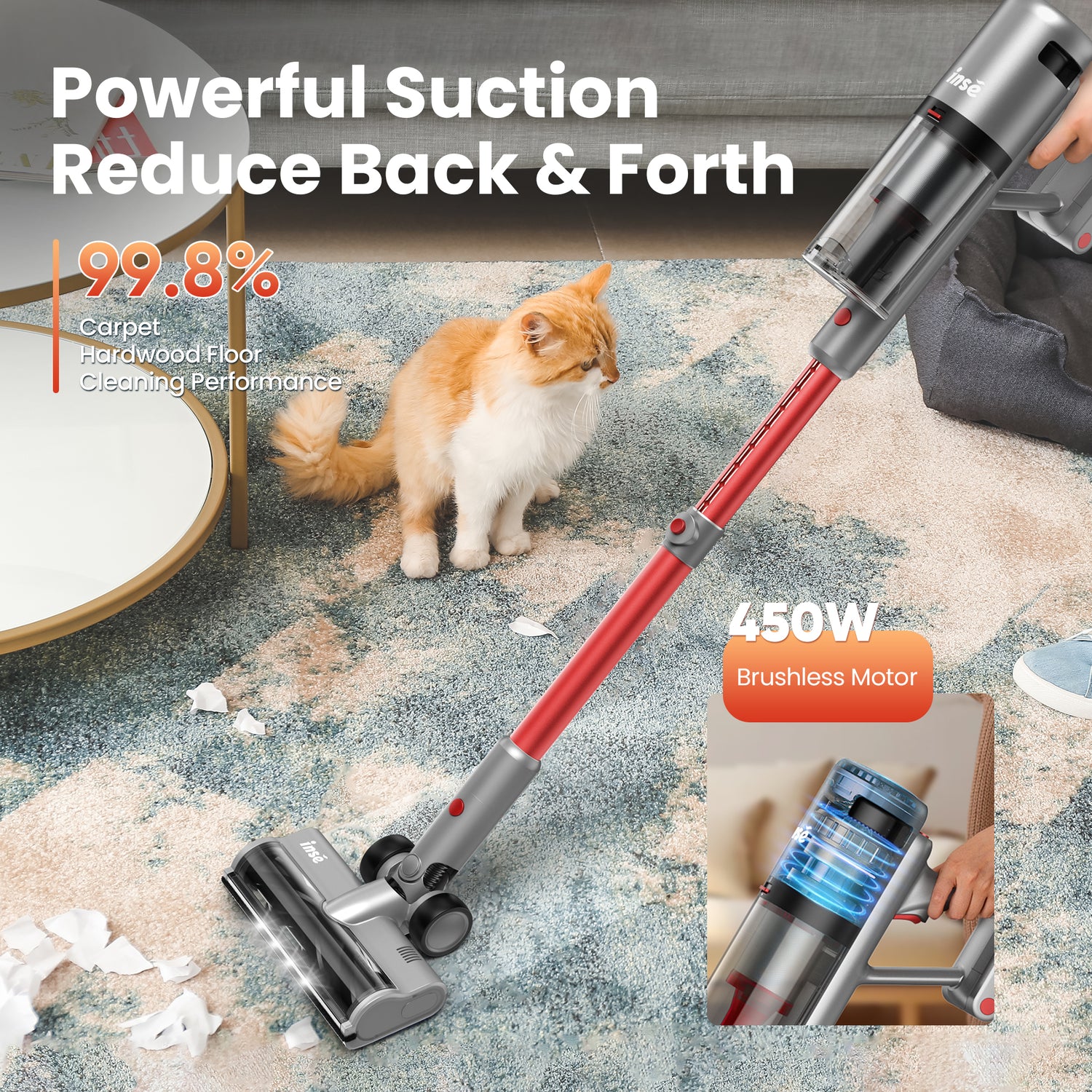INSE Cordless Vacuum with 30Kpa Suction &amp; 60 Mins Runtime, Stick Vacuum for Carpet, Tile, Pet Hair, Hardwood Floors, V120S