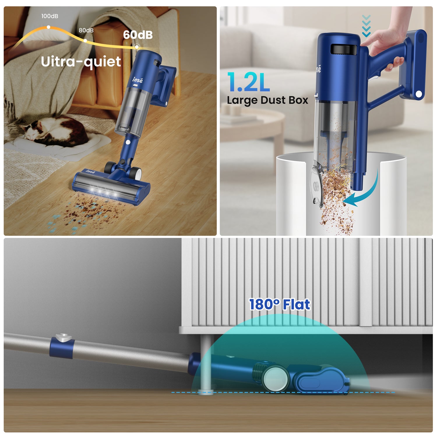 INSE Cordless Vacuum with 30Kpa Suction &amp; 60 Mins Runtime, Stick Vacuum for Carpet, Tile, Pet Hair, Hardwood Floors, V120S