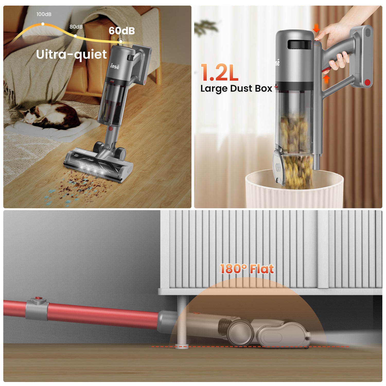INSE Cordless Vacuum with 30Kpa Suction &amp; 60 Mins Runtime, Stick Vacuum for Carpet, Tile, Pet Hair, Hardwood Floors, V120S