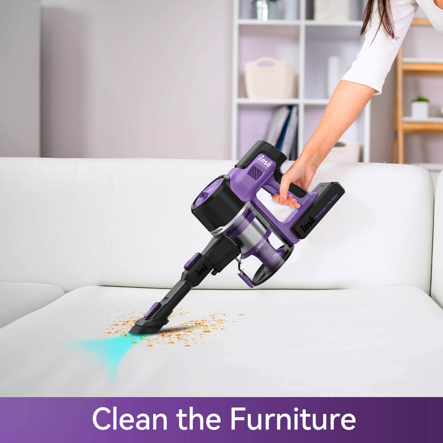 INSE S10 portable Cordless Vacuum clean the sofa with cleaning brush-inselife.com